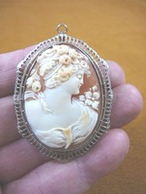 C-1343) Roman Woman with roses shell carved oval CAMEO 14k gold pin pendant - £330.94 GBP