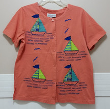 Vtg KAKTUS Sailboat Shirt Medium Embroidered Beaded Orange Coral Blouse ... - £19.39 GBP
