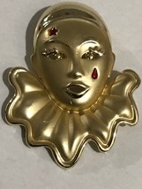 MARDI GRAS Jester Clown Pin Brooch Full Face Bust Mask Gold Tone Teardrop Star - £23.96 GBP