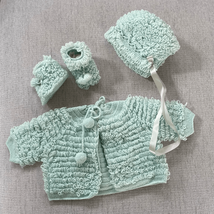 New Vintage 60s Seafoam Green Newborn Baby Bonnet Booties Cardigan Gende... - $50.40