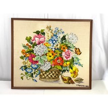 VTG Crewel Floral Basket Needlepoint Framed 1980&#39;s Fiber Wall Art 27&quot;x31... - $269.99