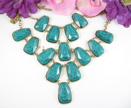 Bib Necklace Imitation Turquoise Statement Signed Erica Lyons Goldtone El 18-24&quot; - £21.11 GBP