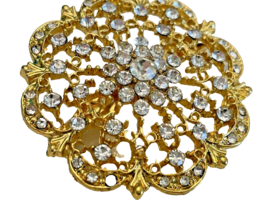 Brooch Costume Jewelry Gold with Rhinestones Unsigned Pin 2 Inches - £18.94 GBP