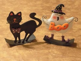 Lot Of 2 Halloween Tin Metal Rocking Displays Black Cat &amp; Ghost &quot;Boo&quot; Decor - $14.85