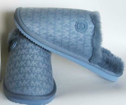 MICKAEL KORS Logo Jacquard Janis Blue Faux Fur Padded Slip-On Slippers Wm&#39;s 8 - £64.25 GBP