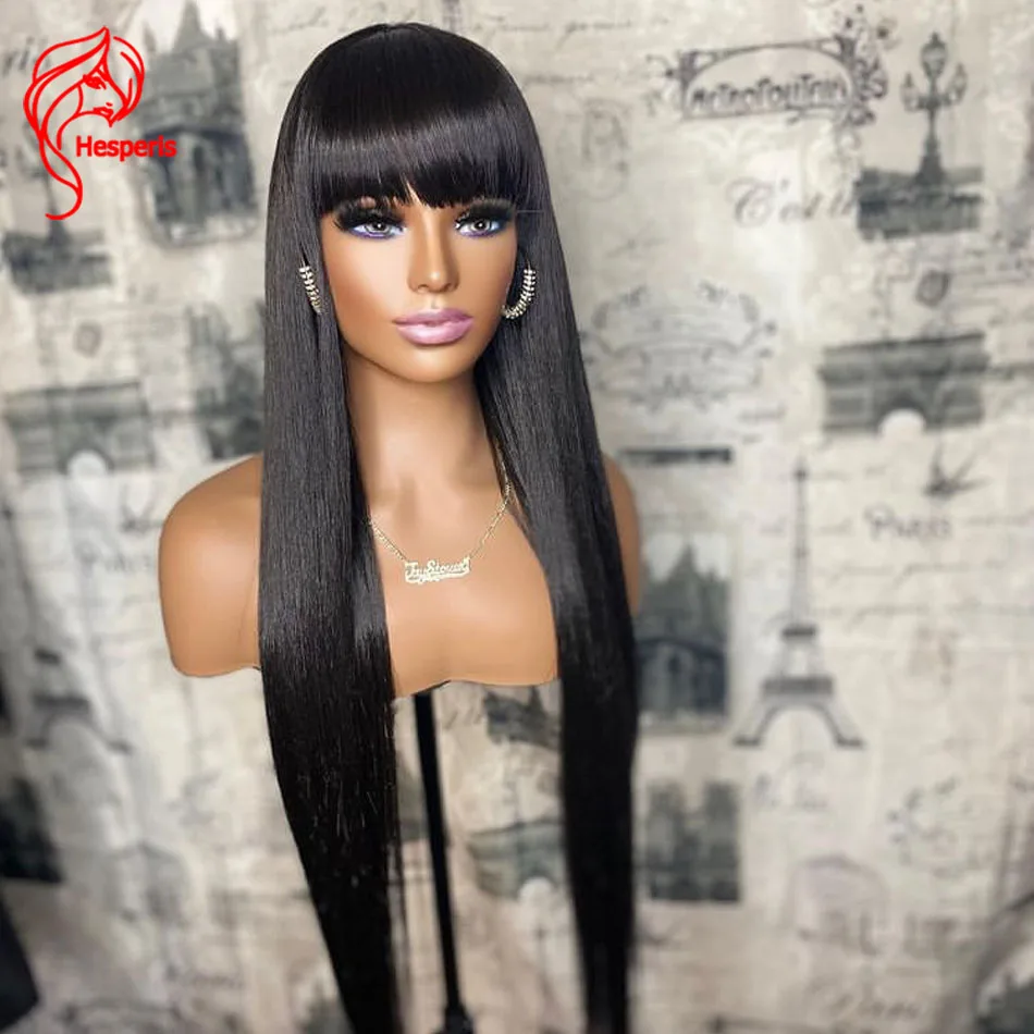 Hesperis Silk Straight Human Hair WIgs With Bang Brazilian Remy Scalp Top Full - £104.63 GBP+