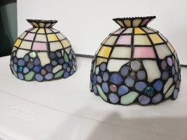 Vintage 2 Small Tiffany Style Stained Glass Mosaic Lamp Shades Jeweled - £31.13 GBP
