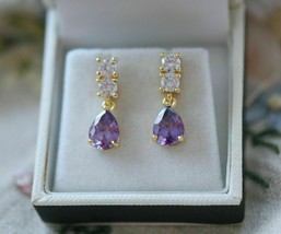 14K Yellow Gold Plated Silver2.20Ct Simulated Amethyst Drop/Dangle Gift Earrings - £79.37 GBP