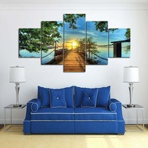 Multi Panel Print Dock On Lake Sunrise Canvas 5 Piece Wall Art Sunset Boat Water - £21.87 GBP+