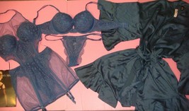 Victoria&#39;s Secret 36C Bra Set+Garter Slip+L Panty+Robe Coconut Lace Eclipse Blue - £175.44 GBP
