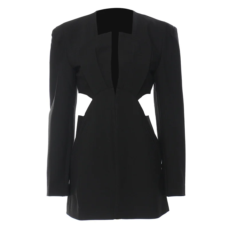 PREPOMP  Autumn  Arrivals V Neck Slim Waist Hollow Out Black Long Blazer Coat Wo - £163.79 GBP