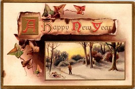 New Year Embossed Gold Snow Man Trees Written On 1907-1915 Antique Postcard - £5.86 GBP
