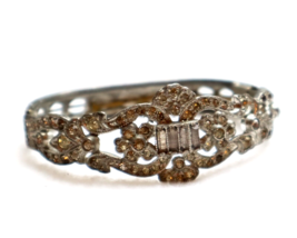 Antique 1920s Art Deco Bracelet Hinge Clear Paste Stone White Metal Worn Rhodium - £74.38 GBP