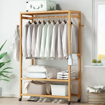 Strong Bamboo Clothes Rail Scarf Cart Hanging Garment Coat Rack Stand On... - $118.99
