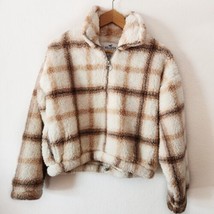 Hollister Brown Cream Multicolor Plaid Sherpa Quarter Zip Pullover Cropp... - $22.00