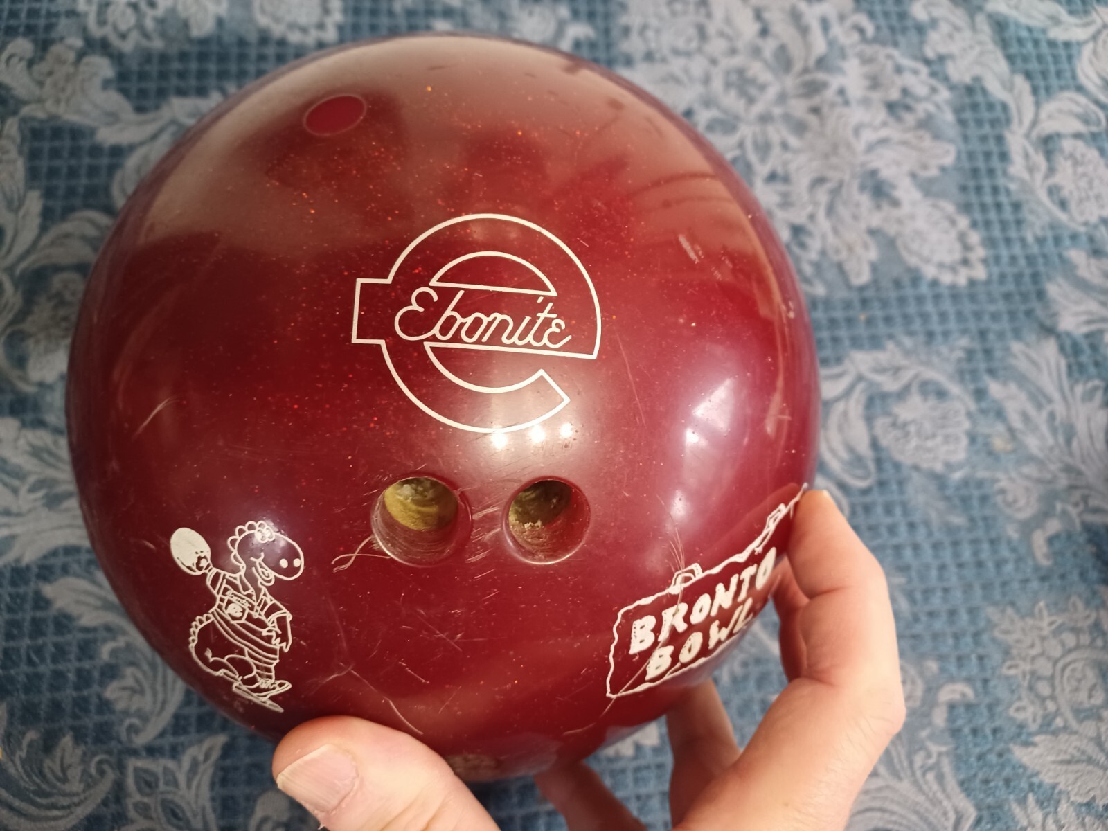 Vtg Retro Ebonite Youth Red Glitter Bronto Bowl Dinosaur Bowling Ball 6 lb 4 oz Item image 4
