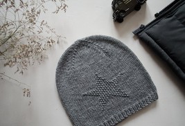 Knitted beanie with a star for boys Gray slouchy kids hat Wool spring ac... - $38.00+