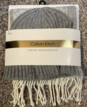 Calvin Klein Women&#39;s Grey Color Soft Fuzzy Muffler And Knit Hat With Logo - £27.61 GBP