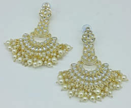 Bollywood Style Indian Gold Plated Kundan Chandbali Pearl Bridal Jewelry Set - £22.44 GBP