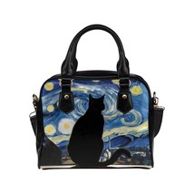 Cat Silhouette Watching Van Gogh Starry Night PU Leather Shoulder Handbag Bag - £30.63 GBP