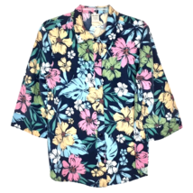 Blair Womens Size Large Blouse Button Front 3/4 Sleeve Collared Blue Floral - £10.23 GBP