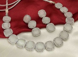 Bollywood Indian Silver Plated CZ Choker Necklace Earring Moon Stone Jewelry Set - £69.41 GBP