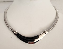 NAPIER Omega Choker Bib Necklace Black Lucite Pendant Silver Tone Vintag... - $34.95
