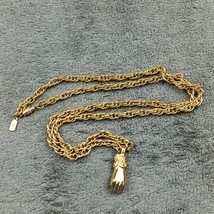 1928 Hand Holding Charm Pendant With Bail Necklace 30&quot; Long Gold Tone Chunky  - £18.28 GBP