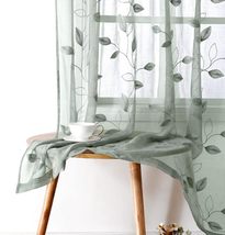 HOMEIDEAS Sage Green Sheer Curtains 52 X 63 Inches Length 2 Panels Embroidered - £11.72 GBP
