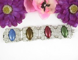 Sarah Coventry Carousel Vintage Bracelet 4 Colorful Inset Gems Silvertone Wide - £16.28 GBP