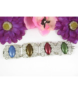 Sarah Coventry CAROUSEL Vintage BRACELET 4 Colorful Inset Gems Silverton... - $20.78