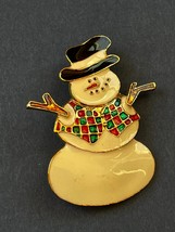 Vintage Cream Enamel Snowman w Red &amp; Green Vest Goldtone Holiday Brooch Pin – - £10.31 GBP