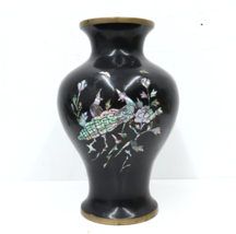 Vintage Brass Lacquered Vase Mother of Pearl Inlaid Peacocks Oriental - £44.50 GBP