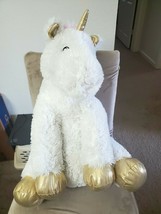 Stuffed Unicorn Gold Horn Hoofs Rainbow Mane Large 29&quot; x 17&quot; x 12 &quot; Soft Plush - £37.31 GBP