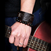 Embossed Wolf Head Leather Bracelet with Punk Rock Vibes - £7.35 GBP+