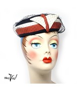 Vintage 1950s Sherman St Louis Navy Blue Veil Hat w Red and White Trim -... - £28.77 GBP