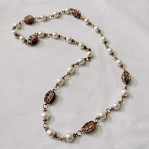 Vintage Gold Tone Filigree Faux Pearl Bead Linked Necklace 34&quot; Long - £13.95 GBP