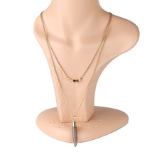 Layered Gold Tone Necklace With Agglomerated Stone Pendant - £25.65 GBP