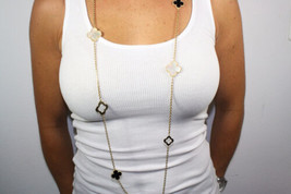 9 Hand Crafted Mother of Pearl and Onyx Quatrefoil Motif Necklace - £98.32 GBP