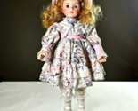 Vintage Porcelain Doll with Stand Floral Dress Pink Blue Eyes White Sun ... - $24.00