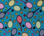 Fleece Tennis Balls Rackets Racquets on Blue Sports Fleece Fabric Print ... - £7.80 GBP