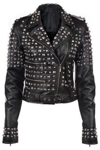 Women Black Punk Style Studded Leather Jacket Ladies Fashion Real Soft Jacket 20