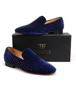 Men FERUCCI Blue Velvet Slippers Loafers Flat With Black Spikes Rivet - £157.52 GBP