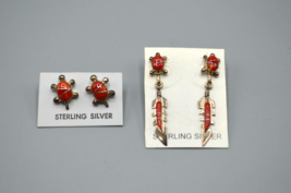 Red Stone Turtle Stud Earrings + Feather Dangle Pair Sterling Silver Lot of 2 - £30.92 GBP