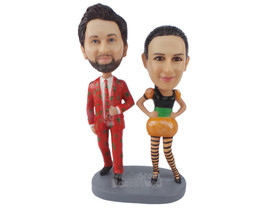 Custom Bobblehead Couple Dressed Up For Halloween With The Man Wearing Fancy Sui - £120.22 GBP