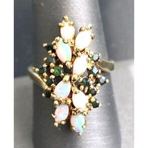 925 Sterling Silver Vermeil Opal And Emerald Cocktail Ring Size 8.75 Sky - $96.53