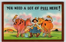 Farmer Milks Cows Pull Here Funny Linen Postcard Comical Humor Unposted Vintage - £8.20 GBP