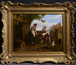 Feeding a Calf Lovely Farm Scene with Redhead Girl mid 19th Century Oil Painting - £599.51 GBP