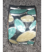 Wide Enamel Silver Tone Hinged Clamper Bracelet Turquoise &amp; Green Leaf S... - $12.50