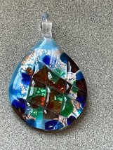 Blue Green &amp; Red Polka Dot Fused Art Glass Teardrop Pendant – 1.75 x 1 and 1/8th - £8.99 GBP